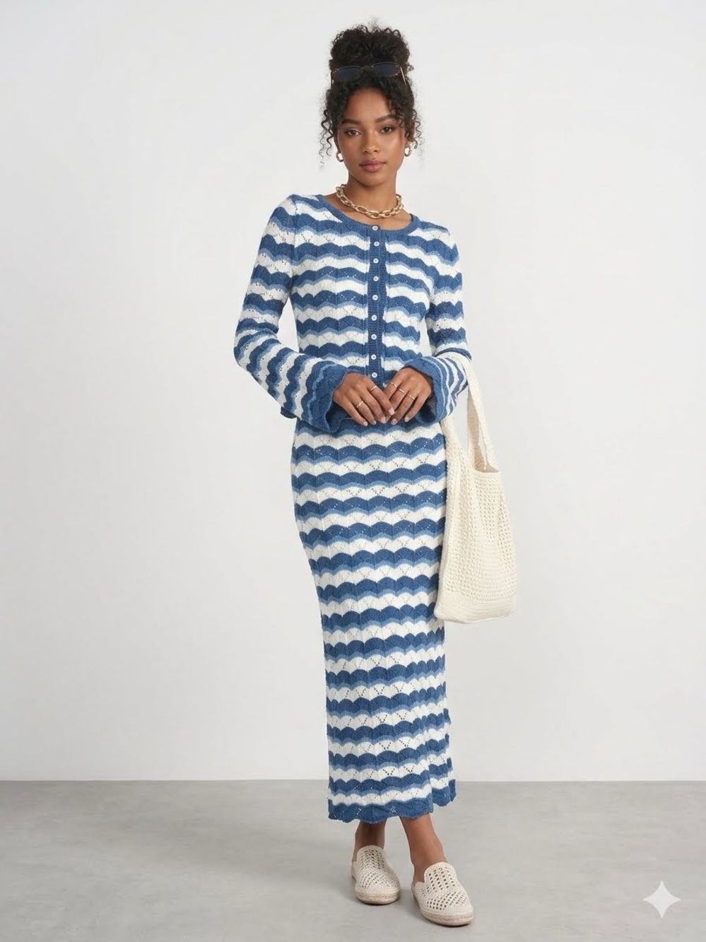 NWT Adina Las Vegas Making Waves Crochet Knit Maxi Skirt & Cardigan 2 Piece Set